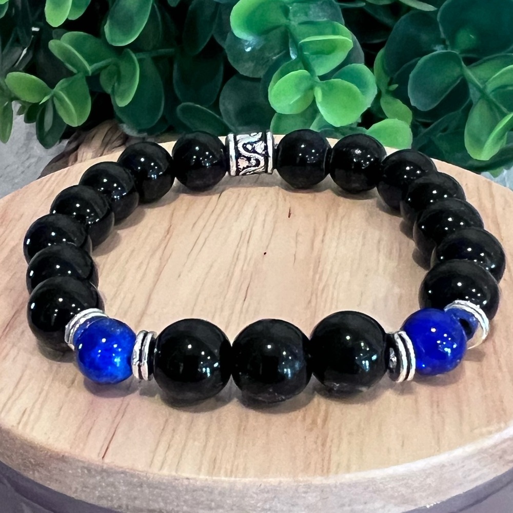 NWOT - Natural Black Onyx with Lapis Lazuli Men’s Stretch Bracelet